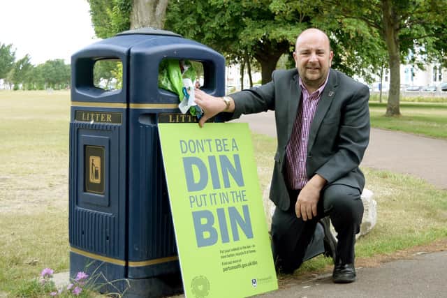 Portsmouth City Council is telling residents 'don't be a din, put it in the bin' after rubbish in the city's parks and open spaces doubled. Pictured is: Deputy council leader Cllr Steve Pitt.