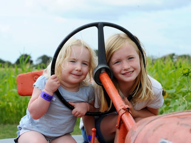 Sam's Sunflowers in Hayling Island, on Sunday, August 4, 2024.Pictured is: (l-r) Iris (3) and Erin Woodford (6) from Swanmore.Picture: Sarah Standing (040824-3982)