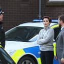 (left to right) Adrian Dunbar, Vicky McClure and Martin Compston on the set of the sixth series of Line of Duty, which is filming in the Cathedral Quarter, Belfast. Picture: Liam McBurney/PA Wire