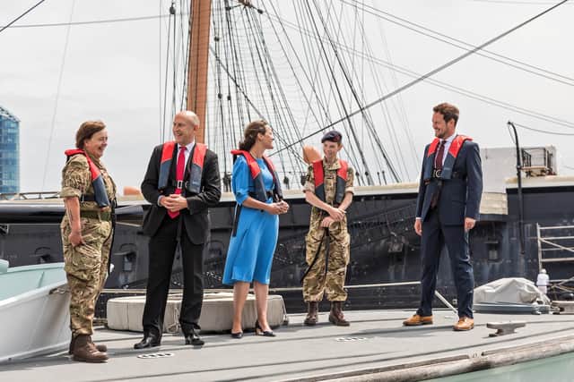 Andrea Colpitts, Colour Sergeant RM (55), John Healey (Shadow Secretary of State for Defence),
Hannah Prowse (CEO of Portsmouth Naval Base Property Trust), William Midgley, RM Cadet (15)
and Stephen Morgan (Shadow Armed Forces Minister) arrive back to shore after a harbour tour on Armed Forces Day. Picture: Mike Cooter (250621)