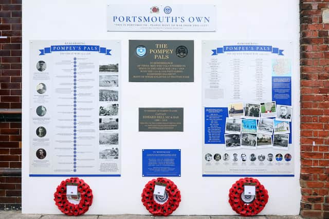 Unveiling of the new Pompey Pals information boards and new memorial to fallen Pompey players outside The Old Pompey Pub, Carisbrooke Road, Fratton
Picture: Chris Moorhouse (jpns 030922-24)