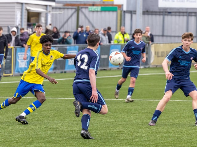 Action from the Under-16 Arthur Hughes Challenge Cup final between Meon Milton Awfords (yellow shirts) and Pickwick Youth Panthers. Picture: Mike Cooter