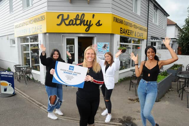 Second left, Kathy Wingate, owner of Kathy's Cafe with her team (l-r) Iustina Vasilescu, cafe assistant, Mia Chambers, manager, and Yasmin Lourenzo, cafe assistant, with their award as Overall Cafe Winner from the Good Food Awards.
Picture: Sarah Standing (091020-5223)