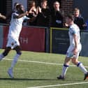 James Roberts celebrates with Muhammadu Faal after scoring his team's second goal in the 2-2 draw at home to Weymouth on Good Friday. Picture: Dave Haines