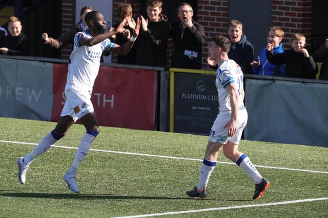 James Roberts celebrates with Muhammadu Faal after scoring his team's second goal in the 2-2 draw at home to Weymouth on Good Friday. Picture: Dave Haines