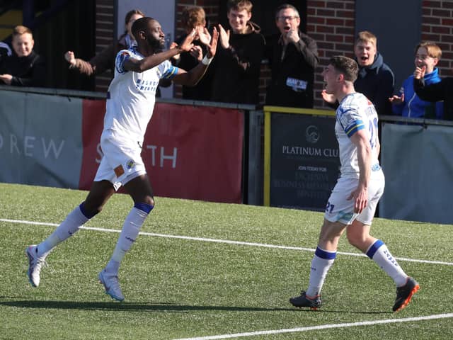 James Roberts celebrates with Muhammadu Faal after scoring his team's second goal in the 2-2 draw at home to Weymouth on Good Friday. Picture: Dave Haines