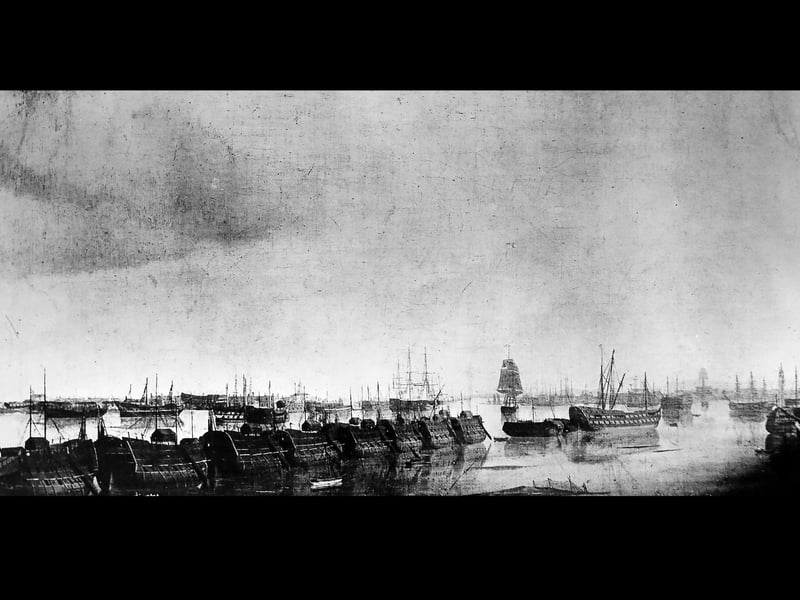 Prison Hulks in Portsmouth Harbour - 1806. From the original painting by Hoppey Turner in the possession of Major E. Emanuel, The Hard, Portsea, Portsmouth Harbour. (Photo by Hulton Archive/Getty Images)