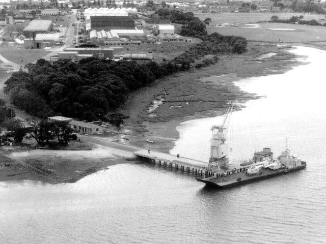 Foxbury Point, Gosport, about 1957, showing Wessex Whirlwind helicopters on a vessel docked at Fleetlands