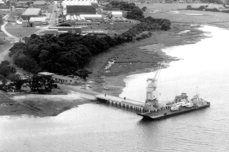 Foxbury Point, Gosport, about 1957, showing Wessex Whirlwind helicopters on a vessel docked at Fleetlands