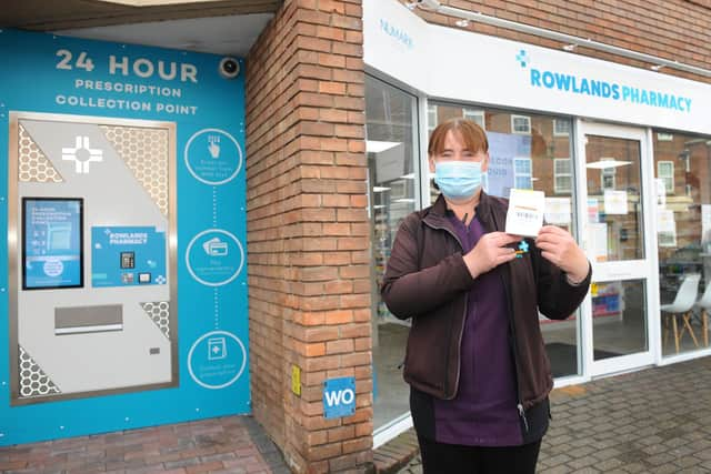 Rowlands Pharmacy in Stoke Road, Gosport, are trialling the first prescription vending machine. PharmaSelf 24 gives patients a 24/7 collection point, notifying them by SMS text message on the status of their prescription, allowing them to avoid any wasted trips.

Pictured is: Terri Morgan, non pharmacist manager at Rowlands Pharmacy in Stoke Road, Gosport.

Picture: Sarah Standing (131020-5587)