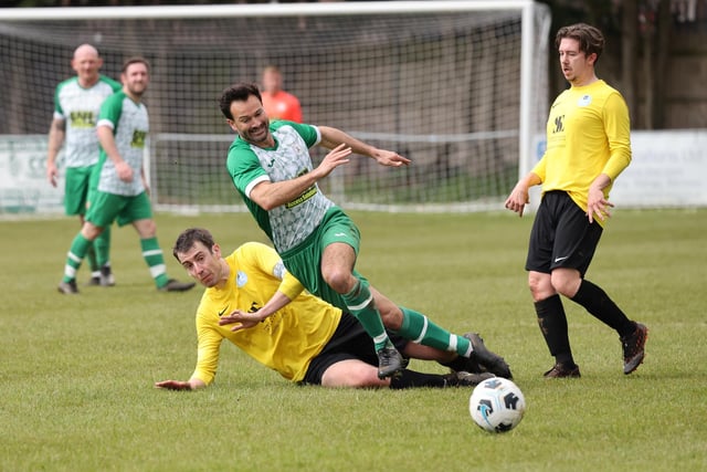 Action from the Father Purcell Challenge Cup final between Mob Albion (green/white kit) and Burrfields. Picture: Kevin Shipp