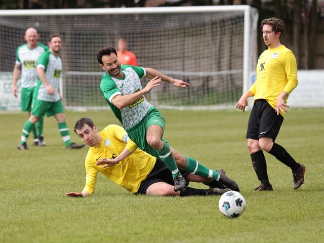 Action from the Father Purcell Challenge Cup final between Mob Albion (green/white kit) and Burrfields. Picture: Kevin Shipp