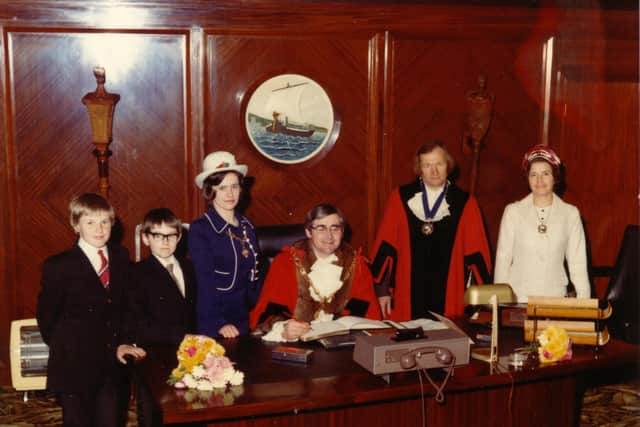 Graham Hewitt in the Mayor of Gosport's office, surrounded by his family, in 1974. Picture: Phil Hewitt
