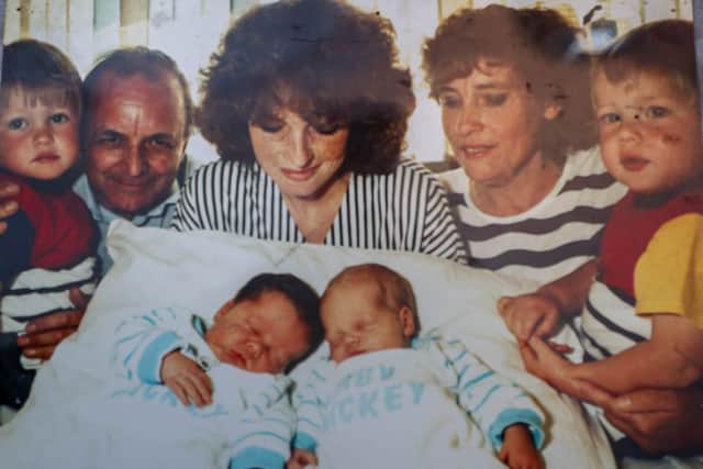 Amanda with her parents, Peter and Heather, Twins Lee and Nathan the new arrivals, Danny and Michael in 1990.