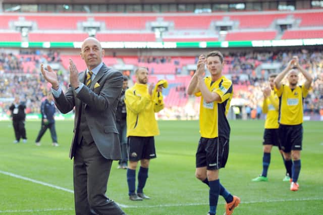 Mick Catlin applauds the Gosport Borough fans after the 2014 FA Trophy final against Cambridge United at Wembley. Picture: Paul Jacobs.