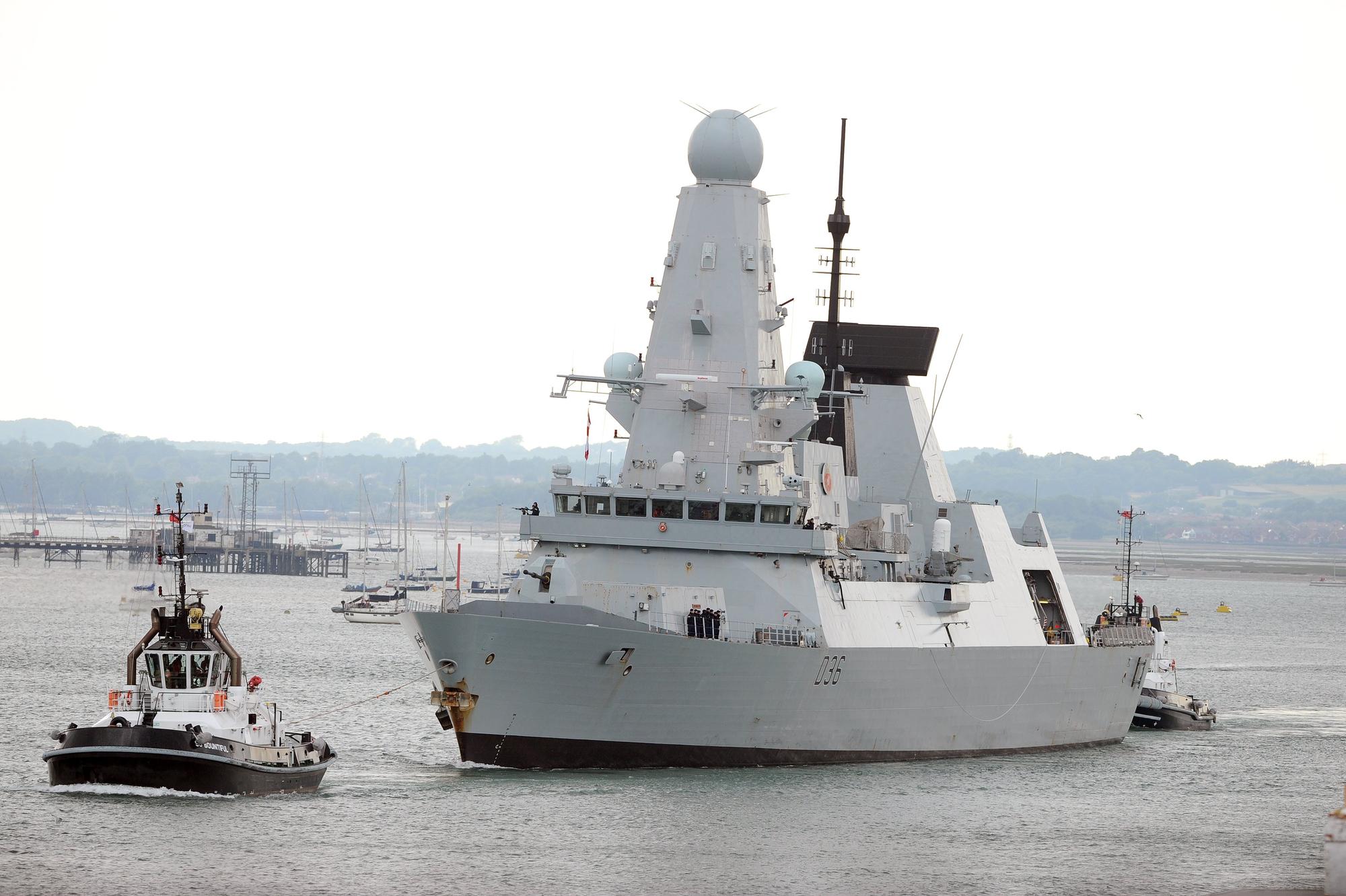  HMS Defender  sets sail from Portsmouth after almost three 
