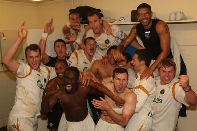 Hawks celebrate their 2-0 FA Cup win over higher division Histon in 2010. Pic: Dave Haines