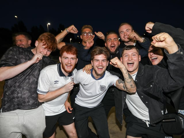 Celebrations at full-time. Fans watch Netherlands v England, UEFA Euros 2024 semi-final played in Dortmund, at Village Hotel, Lakeshore Drive, CoshamPicture: Chris  Moorhouse (100724-113)