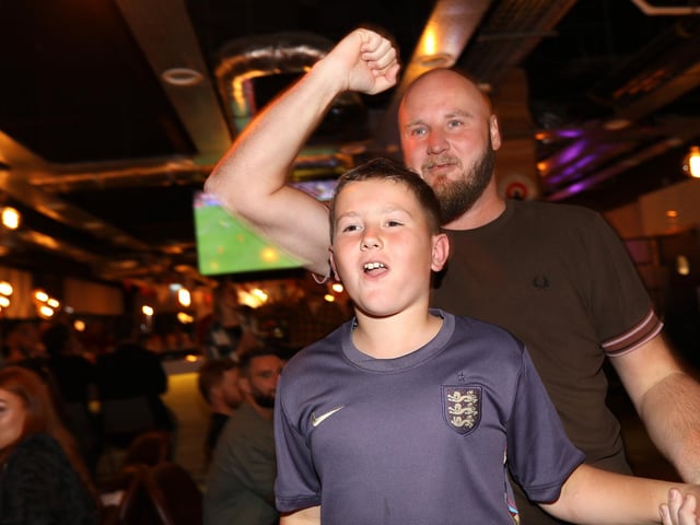 Celebrations at full-time. Fans watch Netherlands v England, UEFA Euros 2024 semi-final played in Dortmund, at Village Hotel, Lakeshore Drive, CoshamPicture: Chris  Moorhouse (100724-100)