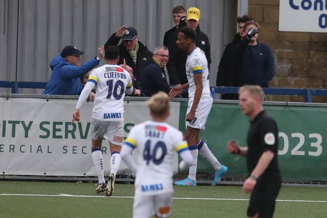 Manny Duku has just put Hawks 2-1 up. Picture: Dave Haines.