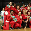 England celebrate winning the Gold Coast 2018 Commonwealth Games gold medal in April 2018. Photo by Scott Barbour/Getty Images.