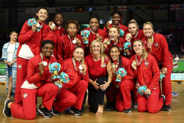 England celebrate winning the Gold Coast 2018 Commonwealth Games gold medal in April 2018. Photo by Scott Barbour/Getty Images.