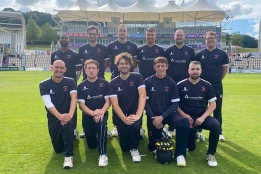 Waterlooville CC line-up before  their SPL T20 Plate final win. Back (from left): Ashan Silva, Daniel Birch, Sonny Reynolds, Alex Shepherd, Jon Hudson, Sam Robinson. Front: Sam Hillman, Tim Jackson, Archie Reynolds, Charlie Jackson, Haydn Knight.