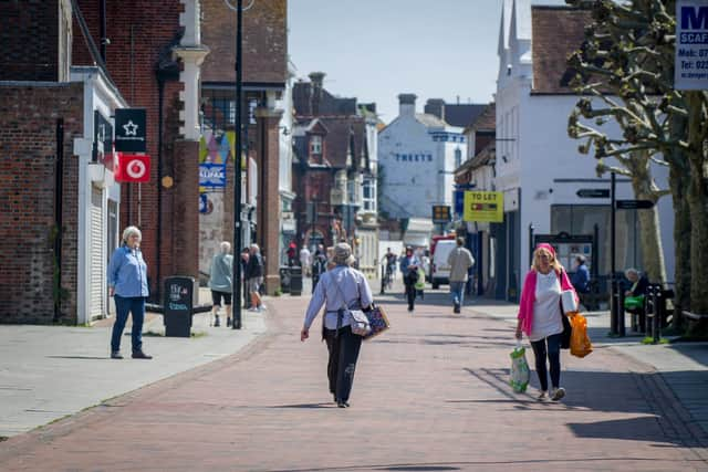 GV of Havant town centre on Thursday 7 May 2020.
Pictured: People walking around Havant town centre.
Picture: Habibur Rahman