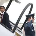 Prime minister Rishi Sunak boards his plane departing to Vilnius, Lithuania, where he is to attend a NATO Summit on July 11, 2023. Picture: Paul Ellis - WPA Pool/Getty Images.