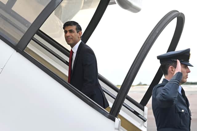 Prime minister Rishi Sunak boards his plane departing to Vilnius, Lithuania, where he is to attend a NATO Summit on July 11, 2023. Picture: Paul Ellis - WPA Pool/Getty Images.