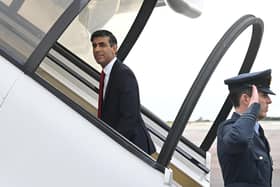 Prime minister Rishi Sunak boards his plane departing to Vilnius, Lithuania, where he is to attend a NATO Summit on July 11, 2023. Picture: Paul Ellis - WPA Pool/Getty Images.