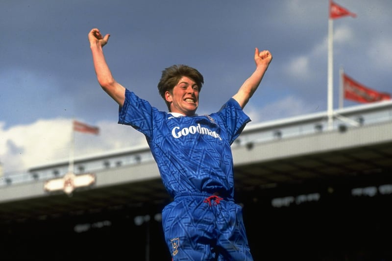 Darren Anderton in the Influence-made Goodman's shirt after scoring against Liverpool in the 1992 FA Cup semi-final