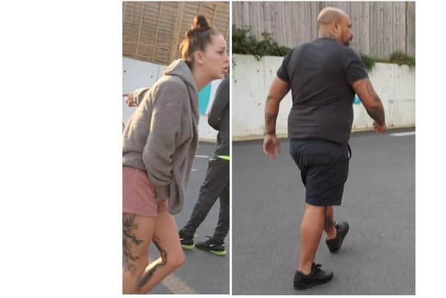 Police are hunting for these two suspects after a man was attacked outside a shop