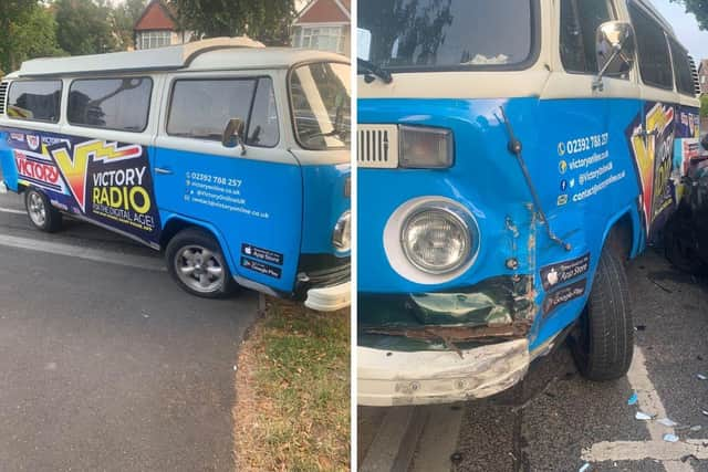 Bob was shocked to find the a car had ploughed into the bus while it was parked in Farlington.