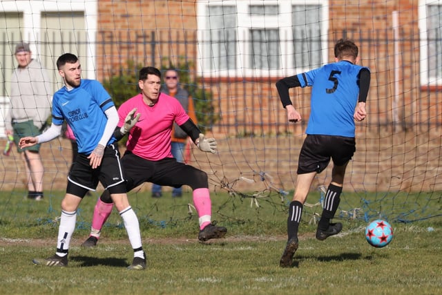 AFC Eastney's No 5 scores in his side's 2-1 loss to Hatton Rovers. Picture by Kevin Shipp