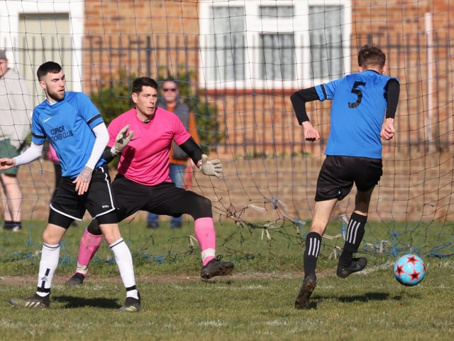 AFC Eastney's No 5 scores in his side's 2-1 loss to Hatton Rovers. Picture by Kevin Shipp