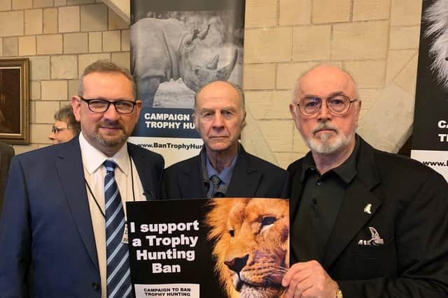 Sir Ranulph Fienne, centre, with campaign to Ban Trophy Hunting founder Eduardo Goncalves, left, and actor and animal activist Peter Egan, right.