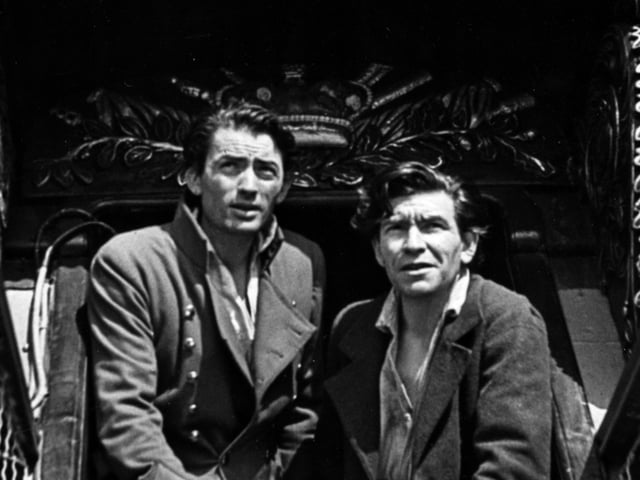 Actors Gregory Peck (left) as 'Captain Hornblower' and Robert Beatty as Bush pictured aboard the HMS Victory during the filming of 'Hornblower', Portsmouth, England, 1951. (Photo by George Konig/Keystone Features/Getty Images)