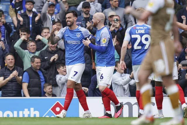 Marlon Pack celebrates equalising for Pompey three minutes before half-time against Wycombe. Picture: Jason Brown/ProSportsImages