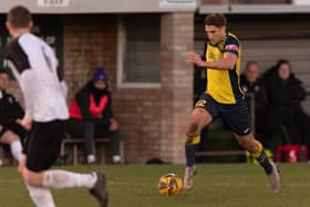Joe Briggs had a second-half effort well saved in Moneyfields' semi-final defeat at Brockenhurst Picture: Keith Woodland (181221-647)