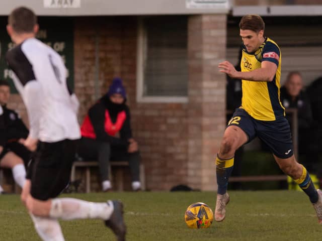 Joe Briggs had a second-half effort well saved in Moneyfields' semi-final defeat at Brockenhurst Picture: Keith Woodland (181221-647)