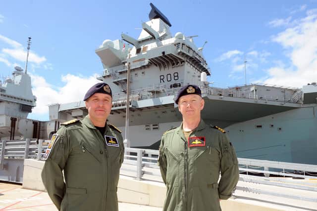 Captain James Blackmore, left, commander of the airgroup on HMS Queen Elizabeth and Commander Mark Sparrow, the commanding officer of 617 Squadron.
Picture: Sarah Standing (020720-889)