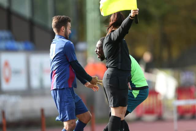 Downton keeper Ernest Osei is about to throw the ball at Dec Seiden, leading to a red card. Picture: Chris Moorhouse