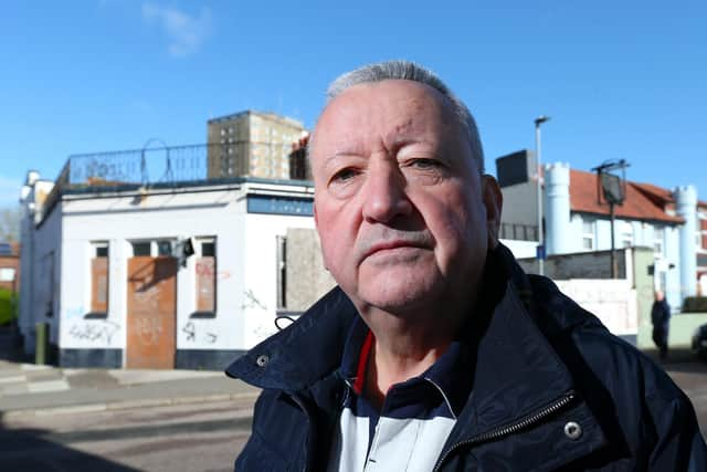 Publican John Molloy at the Castle Tavern, Somers Road, Southsea. Mr Molloy complains of the squalid condition of the Travellers Rest next door, and would like the owner to be served with a court order to demolish it. Picture: Chris Moorhouse (jpns 120423-10)