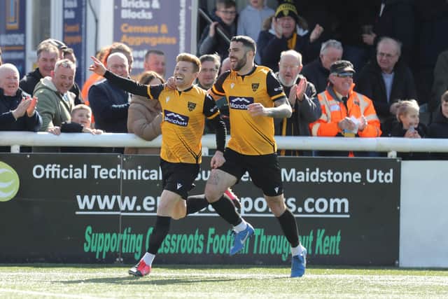 Maidstone United's Jack Barham, left, hit a hat-trick and Joan Luque, right, got the other goal in the victory over Hawks Picture: Dave Haines