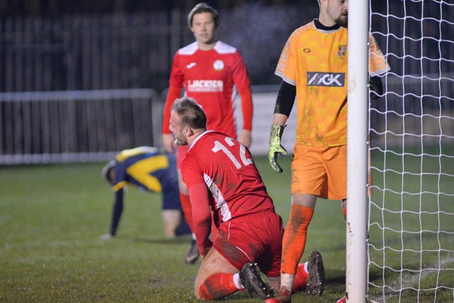Connor Duffin is on his knees but he's just scored one of his three goals against Alresford. Picture by Martyn White