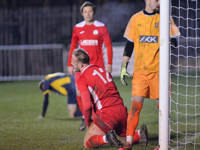 Connor Duffin is on his knees but he's just scored one of his three goals against Alresford. Picture by Martyn White