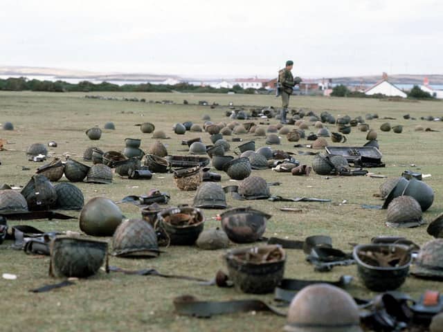 Steel helmets abandoned by Argentine armed forces who surrendered at Goose Green to British Falklands Task Force troops Picture: PA Wire