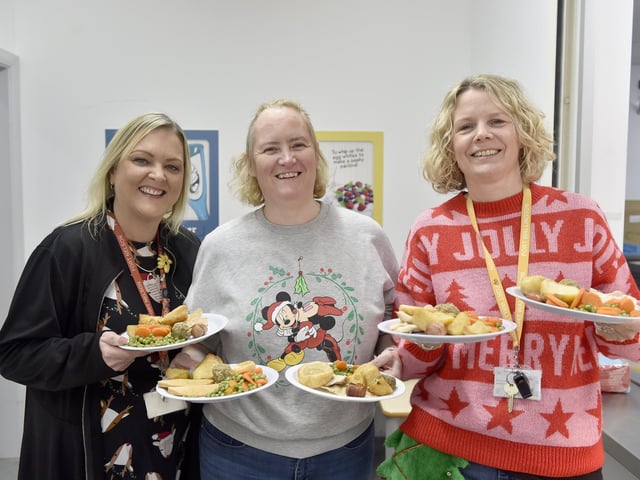 Beacon View Primary Academy in Paulsgrove held their annual community Christmas lunch on Friday, December 22.Pictured is: (l-r) Emma Hogan and Siobhan Campbell, phase leaders with Rosie Higson, vice principal of Beacon View Primary Academy.Picture: Sarah Standing (221223-4076)