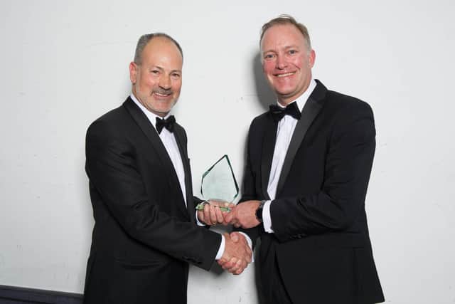 Steve Attrill of HoverTravel winner for Company CSR Initiative of the Year 2020 presented by Mark Ferris, BAE Systems.
Picture: Habibur Rahman